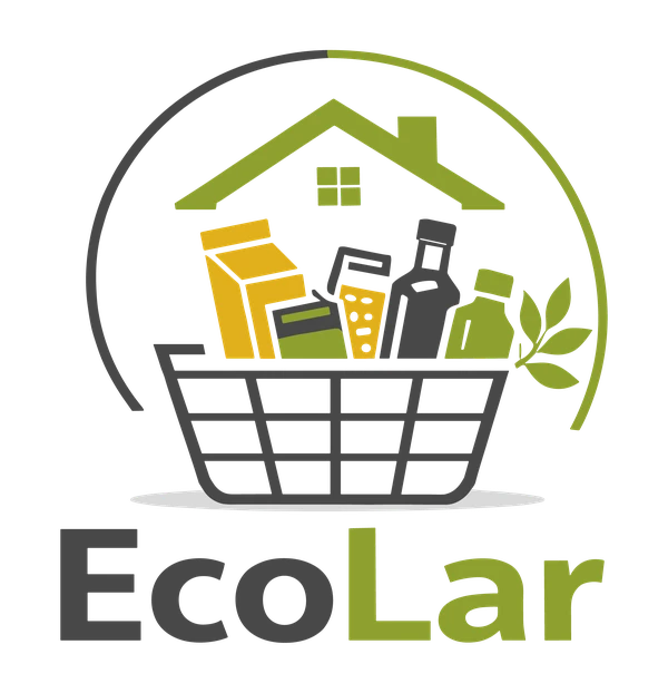 Logo da EcoLar: uma casa sobre uma cesta com alimentos e um ramo de oliveira